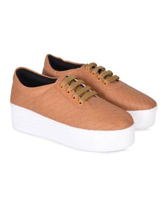 Women Tan Synthetic Leather Sneakers 7