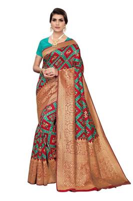 Rama green printed banarasi saree with blouse 1
