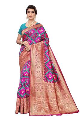 Pink printed banarasi saree with blouse 1
