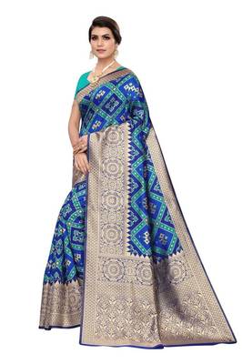 Blue printed banarasi saree with blouse 2