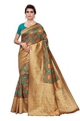 orange printed banarasi saree with blouse 1