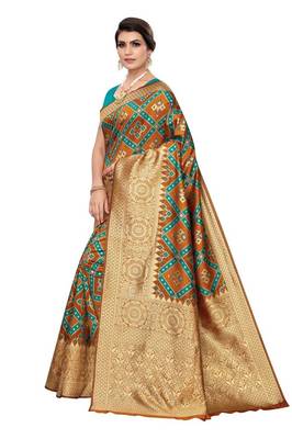orange printed banarasi saree with blouse 2