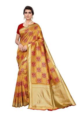 Yellow printed banarasi saree with blouse 1