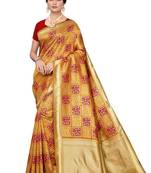 Yellow printed banarasi saree with blouse