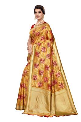 Yellow printed banarasi saree with blouse 2
