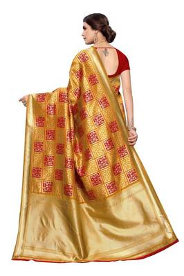 Yellow printed banarasi saree with blouse 3