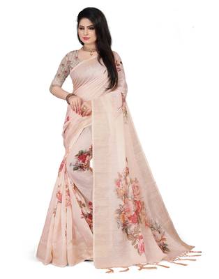 Beige printed linen saree with blouse 1