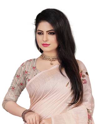 Beige printed linen saree with blouse 2