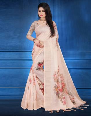 Beige printed linen saree with blouse 3