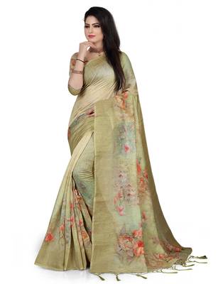 Green printed linen saree with blouse 1