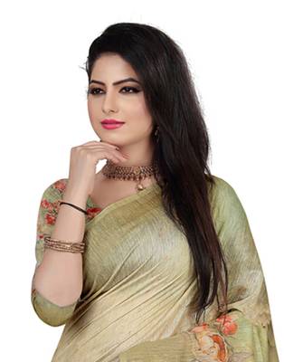 Green printed linen saree with blouse 2
