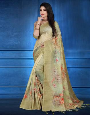 Green printed linen saree with blouse 3
