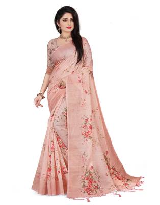 Pink printed linen saree with blouse 1