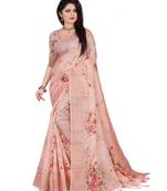 Pink printed linen saree with blouse