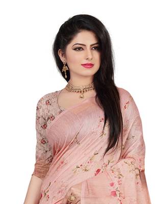 Pink printed linen saree with blouse 2