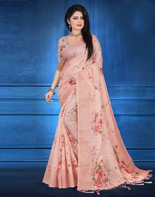 Pink printed linen saree with blouse 3