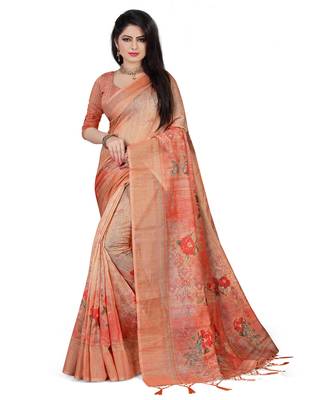 Orange printed linen saree with blouse 1