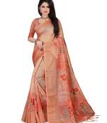 Orange printed linen saree with blouse