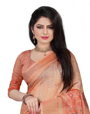Orange printed linen saree with blouse 2