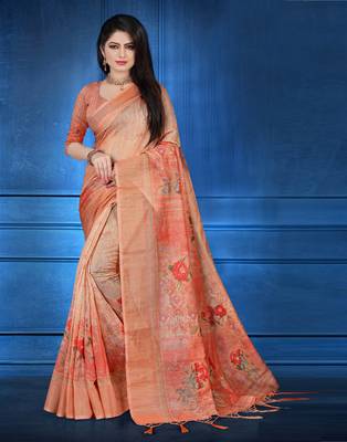 Orange printed linen saree with blouse 3