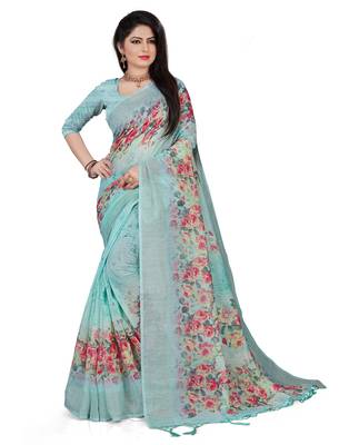 Blue printed linen saree with blouse 1