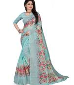 Blue printed linen saree with blouse