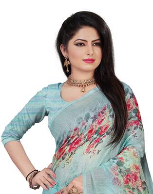 Blue printed linen saree with blouse 2