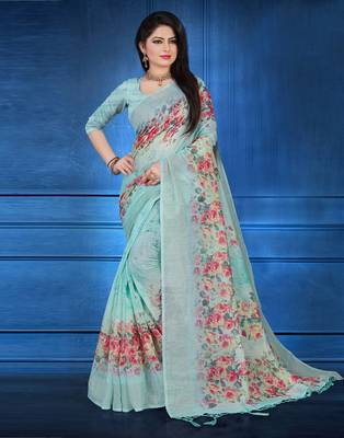 Blue printed linen saree with blouse 3