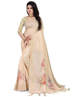 Cream printed linen saree with blouse 1