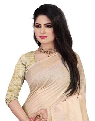 Cream printed linen saree with blouse 2