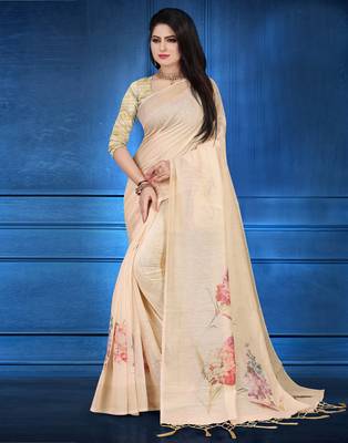 Cream printed linen saree with blouse 3