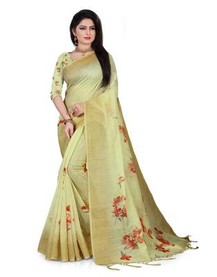Green printed linen saree with blouse 1