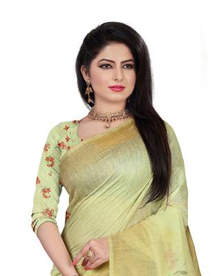 Green printed linen saree with blouse 2