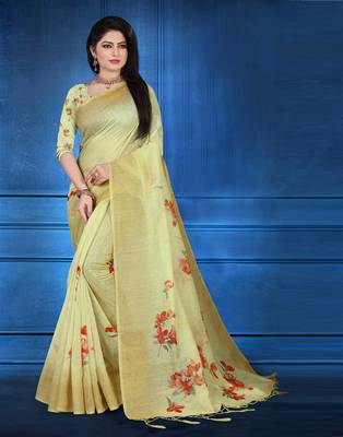 Green printed linen saree with blouse 3