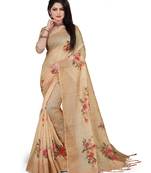 Brown printed linen saree with blouse