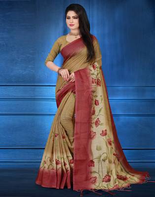 Multicolor printed linen saree with blouse 3