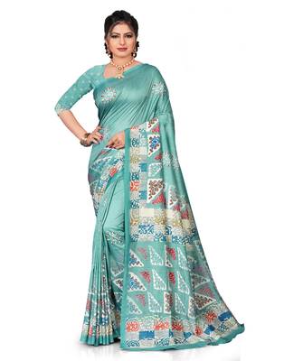 Blue printed silk saree with blouse 1