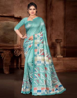Blue printed silk saree with blouse 2