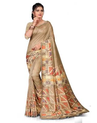 Brown printed silk saree with blouse 1