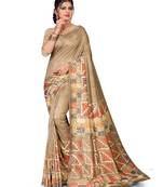 Brown printed silk saree with blouse