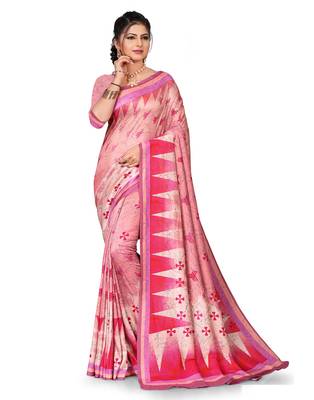 Pink printed silk saree with blouse 1