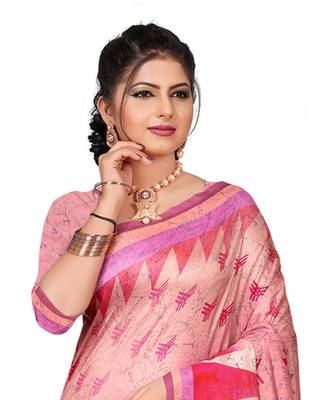 Pink printed silk saree with blouse 2