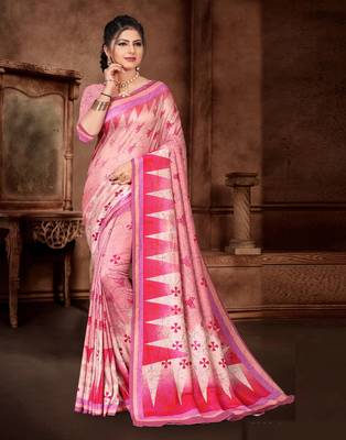 Pink printed silk saree with blouse 3