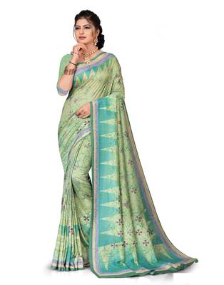 Green printed silk saree with blouse 1