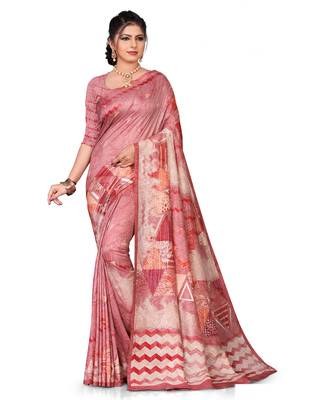 Pink printed silk saree with blouse 2