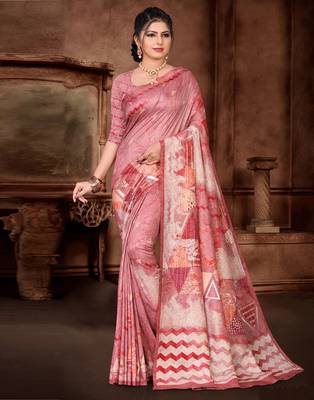 Pink printed silk saree with blouse 3