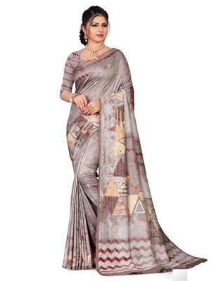 Grey printed silk saree with blouse 1