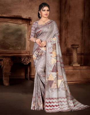 Grey printed silk saree with blouse 3