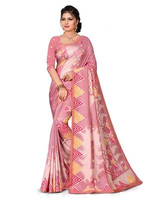 Pink printed silk saree with blouse 1