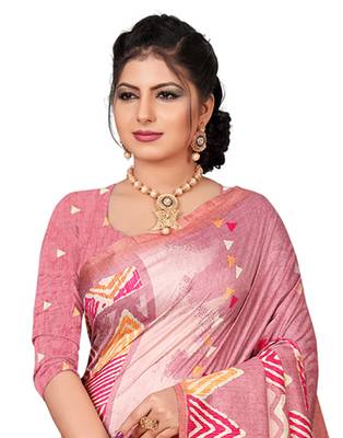 Pink printed silk saree with blouse 2
